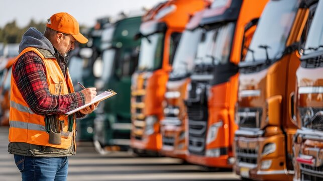 Truck driver conducts pre trip inspection safety logistics transportation delivery fleet management