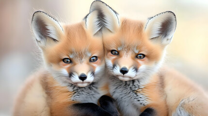 Obraz premium Two adorable fox kits, close-up, cuddling. Soft focus, natural light