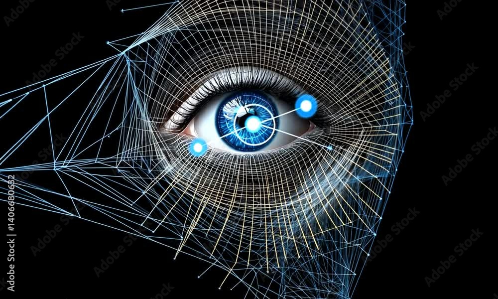 Poster abstract representation of a human eye with intricate patterns and glowing elements, symbolizing per