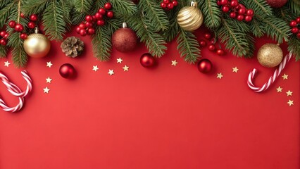 Obraz premium Merry Christmas background, Flat Lay Decorative Christmas Banner with Candy Canes, Ornaments, and Greenery on Vibrant Red Surface