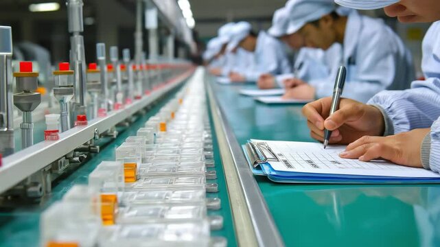Employees utilize clipboards to check the quality of medical plastic molds made for surgical kits on an automated machine production line.