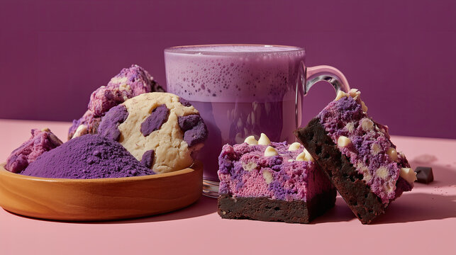transparent cup with frothy ube latte and ube desserts on pink surface, vibrant and inviting