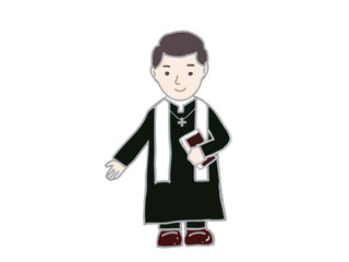 A full-body illustration of a pastor holding a Bible and saying a blessing