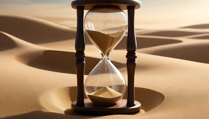 Hour glass with sand in desert landscape under a bright sky light