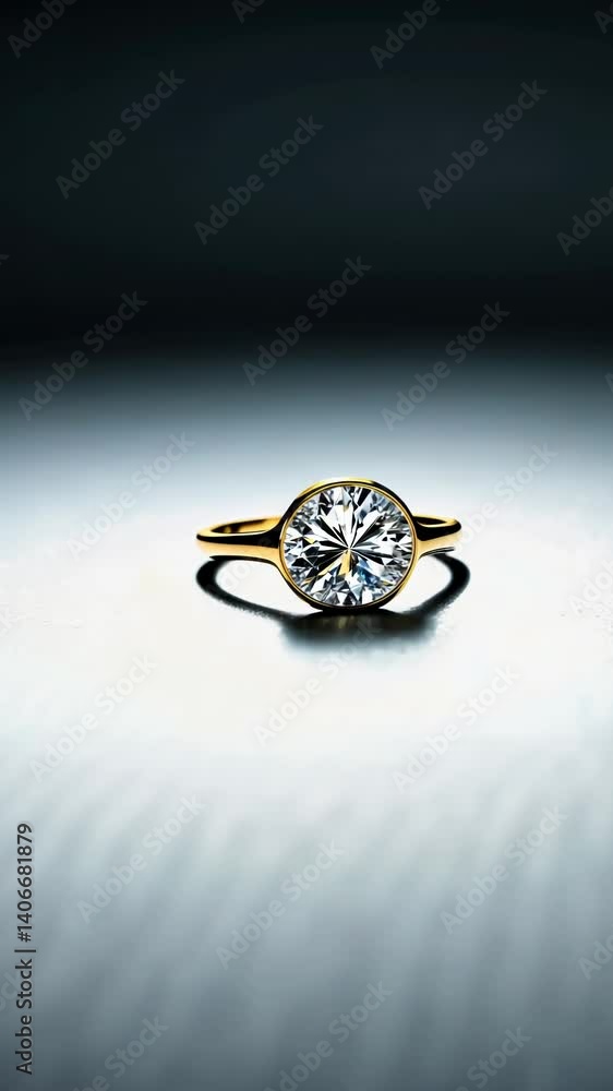 Poster a gold ring with a diamond in the center. the ring is on a table. the diamond is clear and shiny