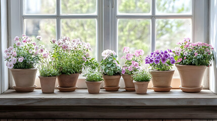Obraz premium Flowers in Pots on a Windowsill