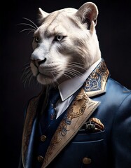 Surreal Human-Animal Panther Hybrid Portrait in Admiral Coat with Dark Background

