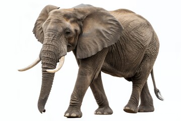 Obraz premium A majestic African elephant, a symbol of untamed wilderness, powerfully strides forward against a stark white backdrop showcasing its textured skin and impressive tusks.