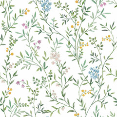 Seamless pattern with tree branches and leaves for surface design and other design projects. modern trend drawing in line art style. Delicate small leaves in watercolor style