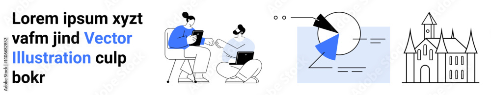 Poster two colleagues meeting with a laptop, a data visualization with a pie chart and bar graph, and a his