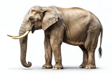 Obraz premium A majestic African elephant, its weathered skin telling tales of years under the sun, stands gracefully against a stark white backdrop, showcasing its powerful presence and gentle nature.