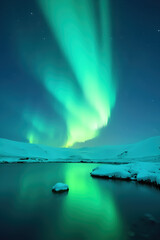 Naklejka premium Green aurora reflects in lake, snowy surroundings