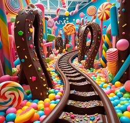 A chocolate rollercoaster with edible loops and drops, a thrilling edible centerpiece for events.  