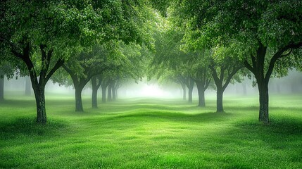 Fototapeta premium Misty morning, tree-lined path, green meadow, peaceful scene; nature backdrop
