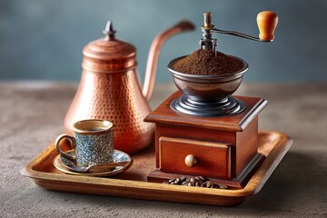 Traditional Coffee Setup with Grinder, Cup, and Copper Pot Display