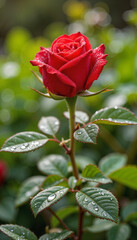 Dewy crimson rose standing in lush garden, beauty of nature