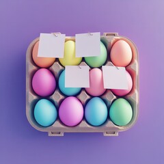 Fototapeta premium Colorful Easter eggs in a carton with blank notes