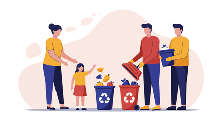 Flat Illustration Vector Family Sorting Waste into Recycling Bins Together