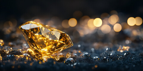 Fototapeta premium Brilliant Golden Diamond on Dark Background with Sparkle