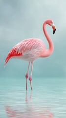 Fototapeta premium Elegant Pink Flamingo Standing Gracefully in Serene Water Landscape
