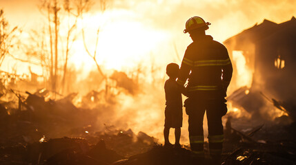 Fototapeta premium Firefighter Consoles Child Amidst Burning House at Sunset