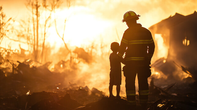 Firefighter Consoles Child Amidst Burning House at Sunset