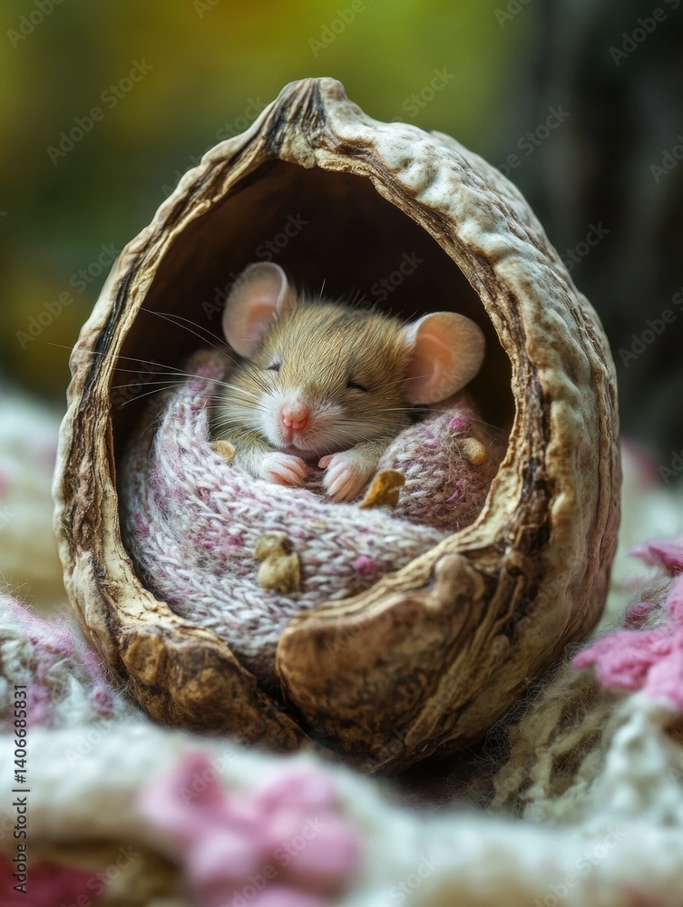 Poster Tiny mouse peacefully sleeping in a walnut shell bed with a cozy blanket in a whimsical fairy tale setting