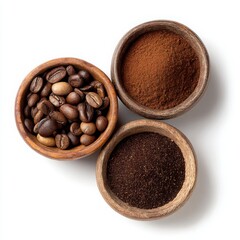 Fototapeta premium Three Bowls of Coffee Beans and Ground Coffee on White Background