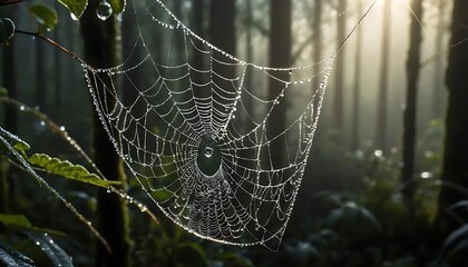 Spiderweb covered in dew drops in a forest with sunlight shining through