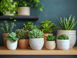 Assorted Succulents and Plants on a Wooden Shelf