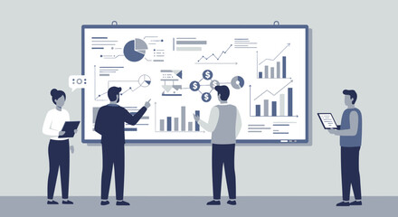 Flat Illustration Vector Business Team Analyzing Data on Whiteboard for Presentation
