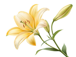 beautiful lily flower in soft yellow hues showcases delicate petals and vibrant green leaves, symbolizing elegance and grace