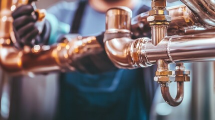 Plumber connecting pipes in a commercial kitchen construction project. Featuring plumbing expertise and installation