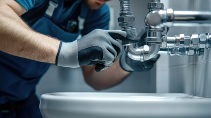 Plumber fitting a sink in a newly built bathroom. Featuring plumbing installation and home improvement