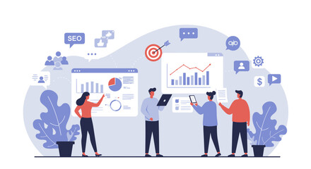 Flat Illustration Vector Team Analyzing Data Charts for Business Growth Strategy