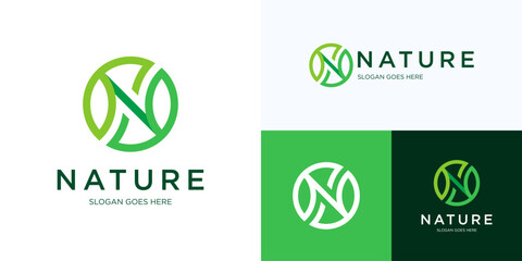 Circle green letter N leaf for nature vector illustration template, Circular symbol initial N plant with line stylized concept for brand identity business