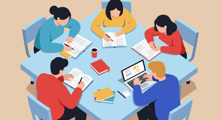 Flat Illustration Vector People Studying Together at a Table with Books and Laptop