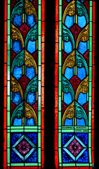 BANGKOK, THAILAND - April 14, 2025 : Colorful stained glass windows in Chapel of Annunciation, Thailand. Concept art painting on stained glass.