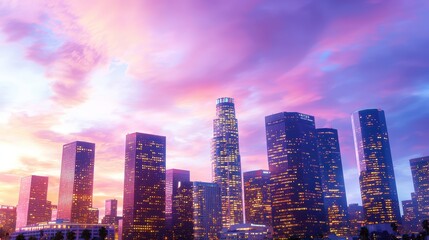 Obraz premium A panoramic city skyline at dusk, with skyscrapers glowing from interior lights and a soft, colorful sky above.