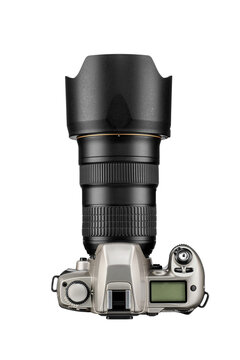 SLR photo camera with zoom lens isolated. Silver and black color, top view. Transparent PNG image.