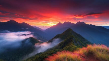 A scenic mountain landscape at sunset, with the sky painted in deep hues of red and orange while misty clouds roll over the peaks.