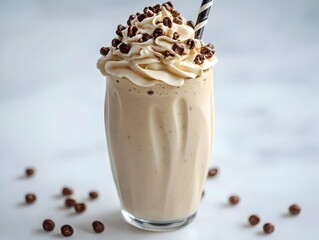 A creamy vanilla milkshake topped with whipped cream and chocolate cereal balls sits in a clear glass with a striped straw.