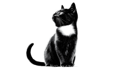 Black and white cat sitting upright with tail curled around paws, isolated on pure white background.