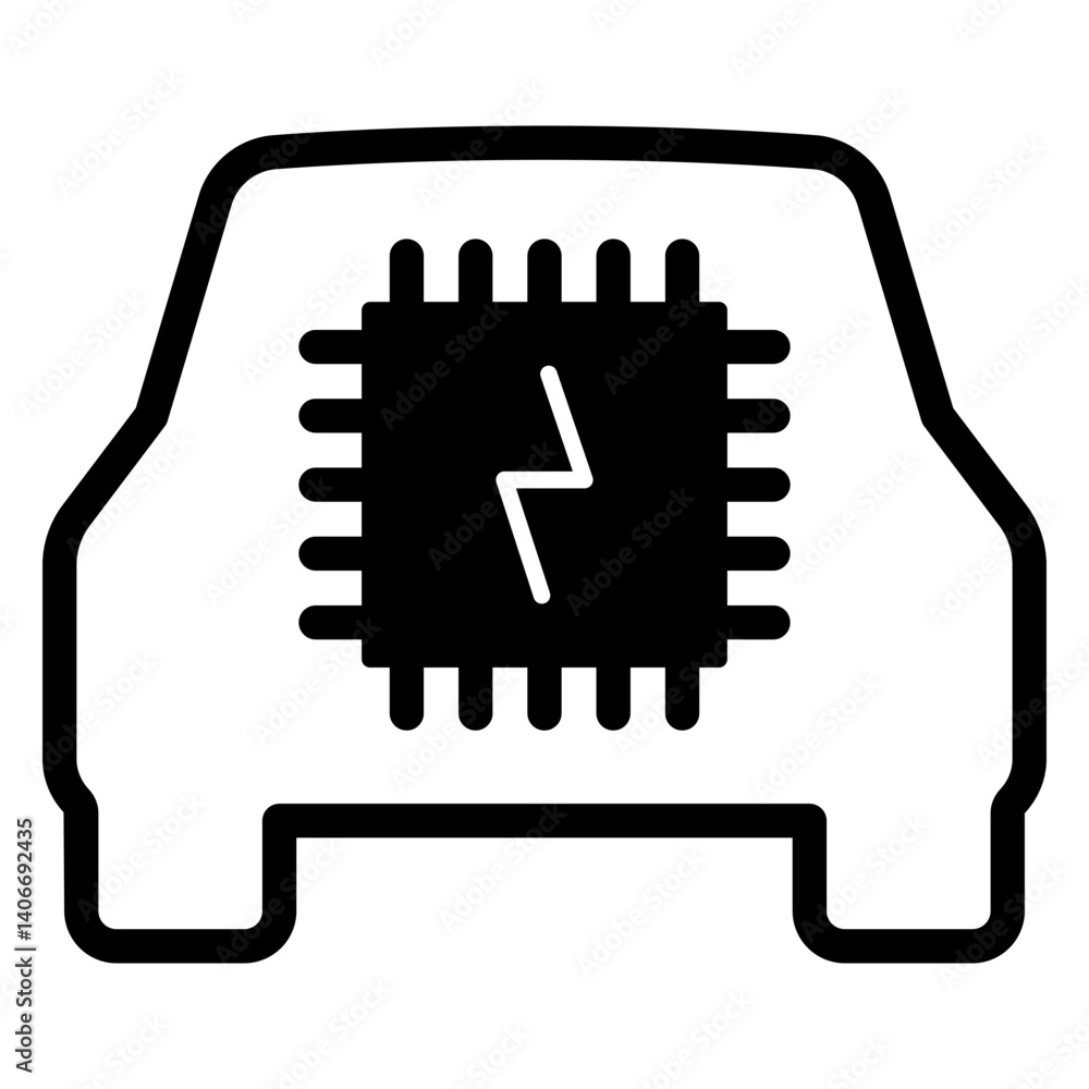 Poster processor inside electric car solid icon, electronics industry concept. vector graphics. processor c