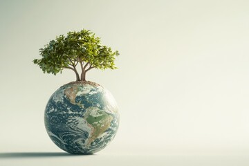A lush green tree sprouts from the Earth, symbolizing environmental preservation and global sustainability.