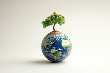 A small tree sprouts from a miniature Earth, symbolizing environmental preservation and hope for a sustainable future.
