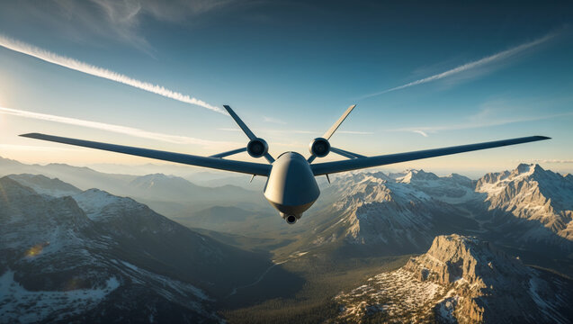 A modern drone soaring over majestic mountains on a clear, sunny day, aerial view.