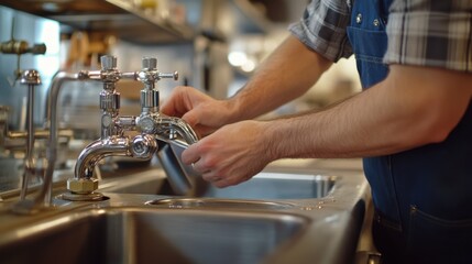 Plumber fixing a sink leak in a restaurant kitchen. Featuring plumbing repairs and maintenance