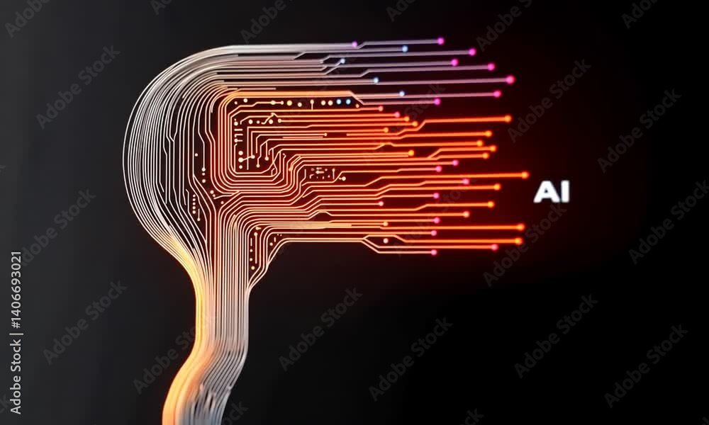Poster abstract representation of artificial intelligence with digital circuits and neon colors on a dark b
