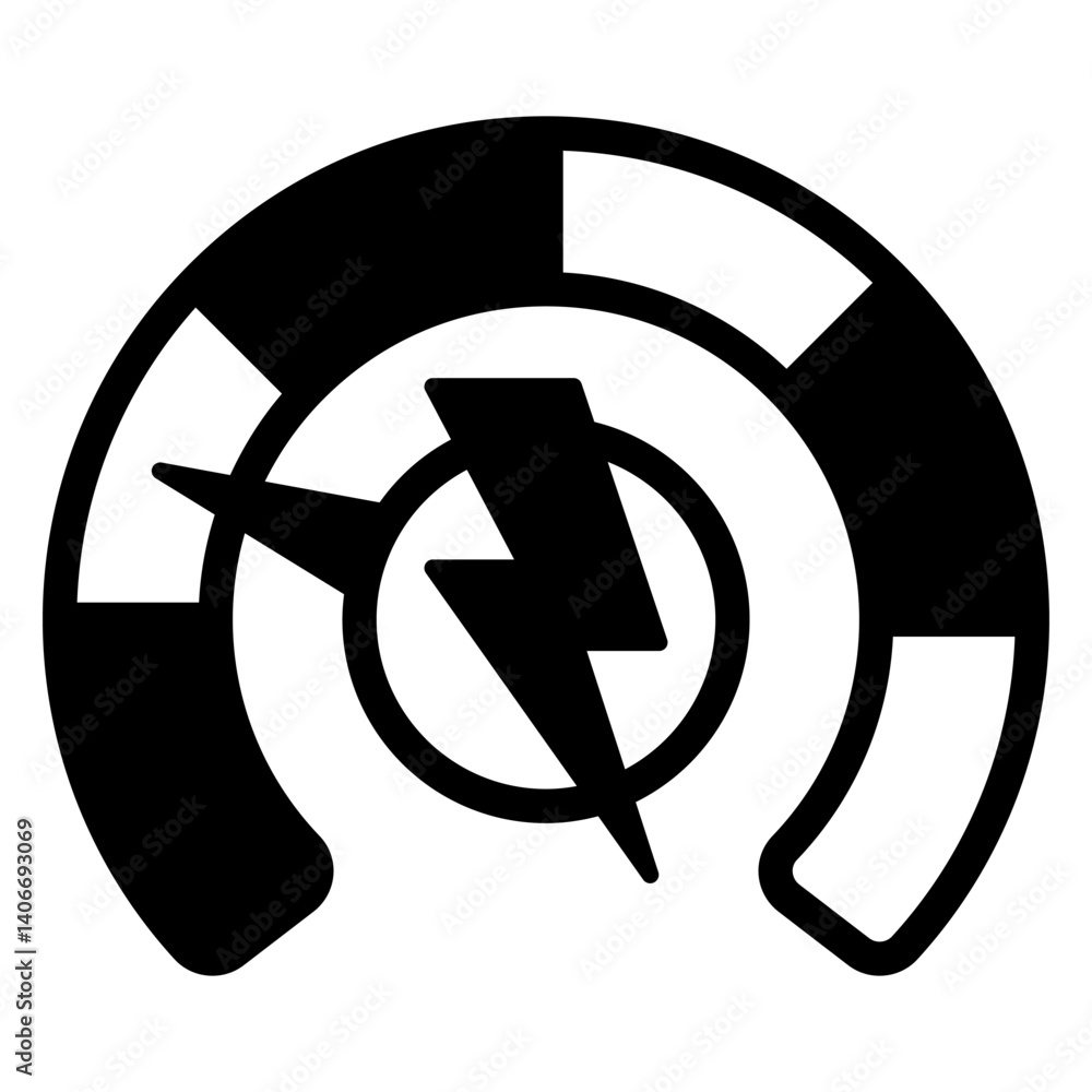 Poster power source charged solid icon, electricity concept. vector graphics. lightning speedometer sign on